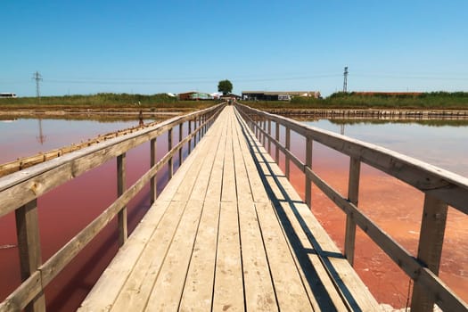 Main board walk and entrance area of the Burgas Salt Pans, a group of salty pink pools at Atanasovsko, Atanasovo Lake, Burgas, Bourgas, Bulgaria 2022