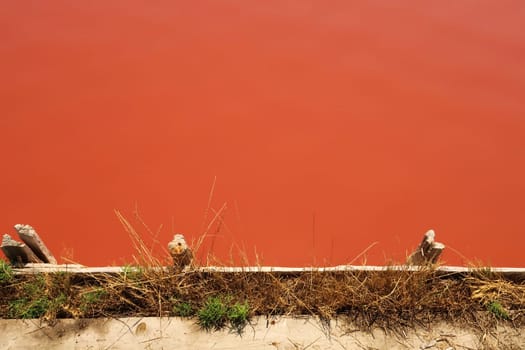 The contrast between the intense pink color of the water and the wooden board walk next to it, at the Burgas Salt Pans, a group of salty pink pools at Atanasovsko, Atanasovo Lake, Burgas, Bourgas, Bulgaria 2022