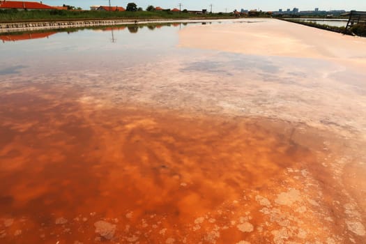 Visible pink and orange salt deposits, residue forming a pattern under the smooth surface of a pool at the Burgas Salt Pans, Lake Atanasovsko, Atanasovo, Burgas, Bourgas, Bulgaria 2022