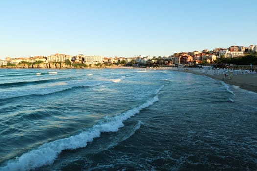 View from the Sozopol Central Beach onto the waves in the sea before sunset, Sozopol, Sosopol, Bulgaria 2022
