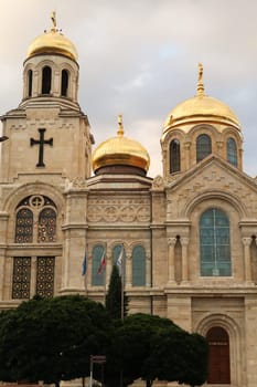 The elaborate facade, roof, cupolas and bell tower of the Dormition of the Mother of God Cathedral in Varna, Bulgaria 2022