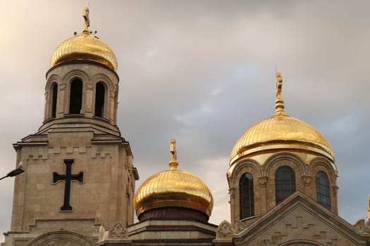 Roof, cupolas, bell tower of the Dormition of the Mother of God Cathedral in Varna, Bulgaria 2022