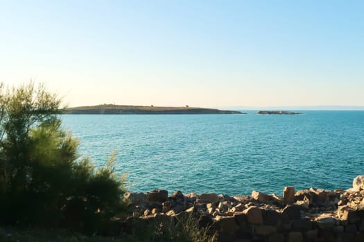 View onto the St. Saint Ivan Island from the old town of Sozopol, Sosopol, Bulgaria 2022