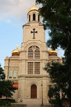 The front facade, entrance of the Dormition of the Mother of God Cathedral in Varna, Bulgaria 2022