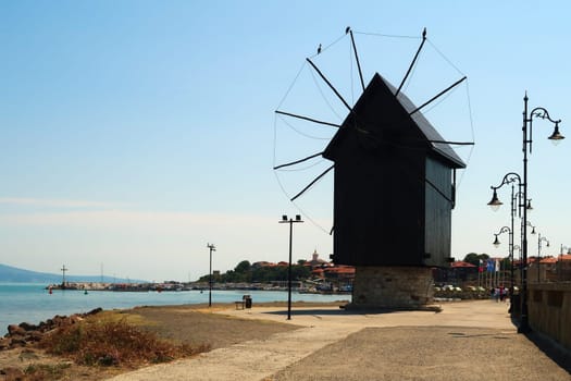 The Windmill on the way into the old town, famous landmark, monument of Nessebar, Nesebar, Bulgaria 2022