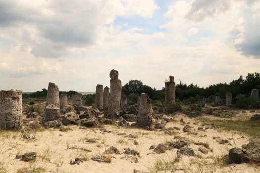 A group of stone pillars rising from a desert-like landscape at the Pobiti Kamani stone forest near Varna, Bulgaria 2022