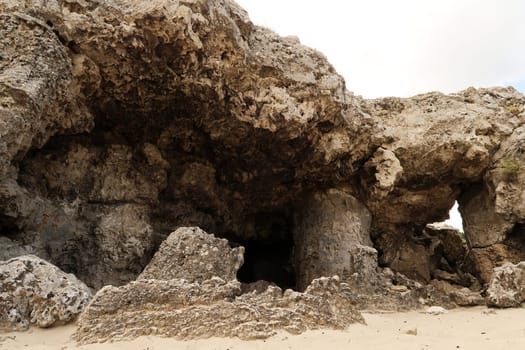 Big rock formation in the shape of a roof on pillars at the Pobiti Kamani stone forest, close to Varna, Bulgara 2022