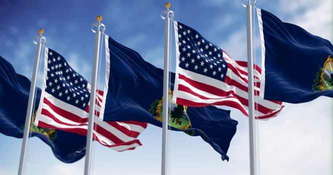 Vermont and the american flags waving in the wind. Blue background with State coat of arms and motto. 3d illustration render. Fluttering fabric.Textured background