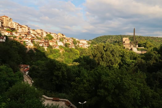 View onto the old town and the Monument to the Asen, Assen Dynasty at sunset, Veliko Tarnovo, Bulgaria 2022