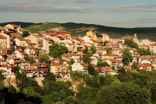 View onto the old town of Veliko Tarnovo at sunset, Veliko Tarnovo, Bulgaria 2022