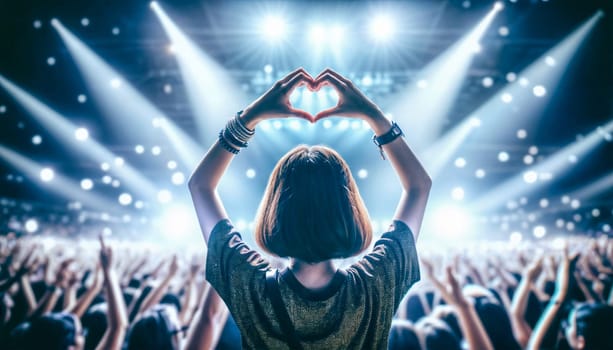 A young girl making a heart shape with her hands at a lively concert, with bright stage lights and a cheering crowd.