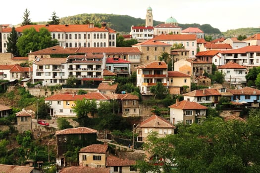 Scenic view onto one of the neighborhoods of the old town of Veliko Tarnovo, built on a hill, Veliko Tarnovo, Bulgaria 2022