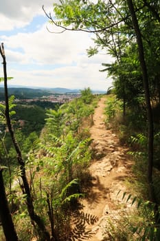 Picturesque view over the city of Veliko Tarnovo from the hiking trail along the Garga Bair Hill, Veliko Tarnovo, Bulgaria 2022
