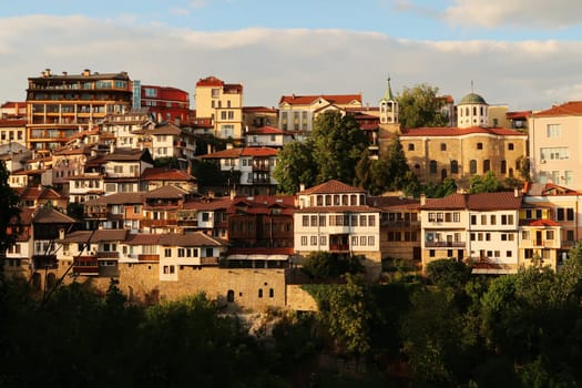 View at sunset, golden hour onto one of the neighborhoods of the old town of Veliko Tarnovo, Veliko Tarnovo, Bulgaria 2022