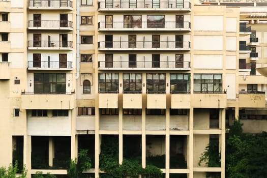 The front facade of the Interhotel Veliko Tarnovo, example for brutalist architecture from the socialist era in Veliko Tarnovo, Bulgaria 2022