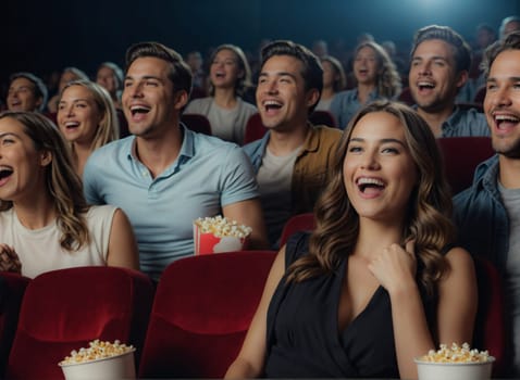 People in a movie theater enjoying a film. Diverse group in their 20s and 30s, smiling and having fun with popcorn.