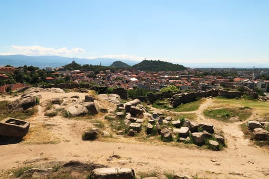 The archaeological site, complex of Nebet Tepe, the city of Plovdiv, Plowdiw can be seen in the background, Bulgaria 2022