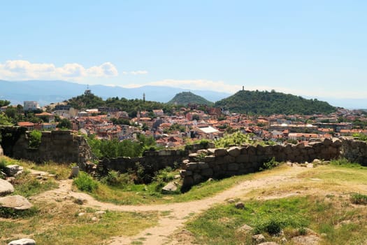 View from the archaeological site, complex of Nebet Tepe onto the city of Plovdiv, Plowdiw, Bulgaria 2022
