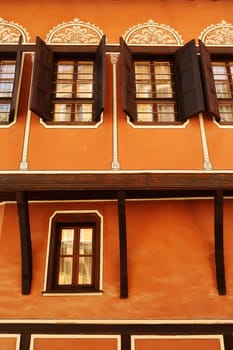 Windows on the facade of the Balabanov House, an example of National Revival Architecture in the old town of Plovdiv, Plowdiw, Bulgaria 2022