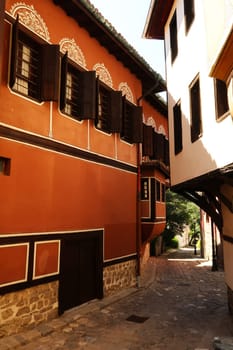 Beautiful cobble stone street in the old town of Plovdiv, Plowdiw, the Balabanov House can be seen on the left, Bulgaria 2022