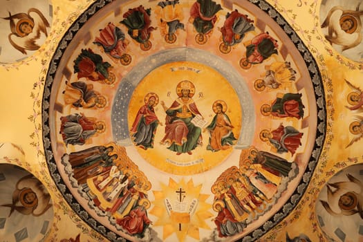 Ceiling fresco, painting inside the St., Saint Nicolas, Nikola Church in one of the courtyards of the Bachkovo Monastery, close to Plovdiv, Bulgaria 2022