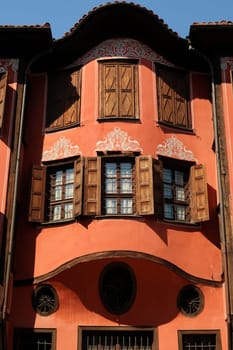 The central part of the facade of the Georgiadi House, an example of National Revival Architecture in the old town of Plovdiv, Plowdiw, Bulgaria 2022