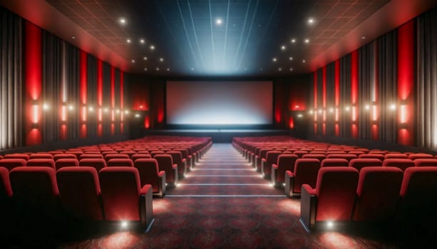 An empty movie theater with rows of red seats facing a large screen. Dim lighting creates a cozy and inviting atmosphere.