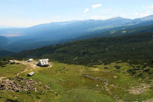 View from the Seven Rila Lakes Plateau onto the Rila Lakes Chalet and the lift station, Rila National Park close to Sofia, Bulgaria 2022