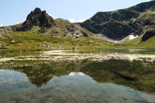 The mountains are reflecting on the smooth surface of the Fish Lake, Ribnoto Ezero, one of the Seven Rila Lakes, white flowers, blossoms of water plants can be seen in the water, Rila National Park, close to Sofia, Bulgaria 2022