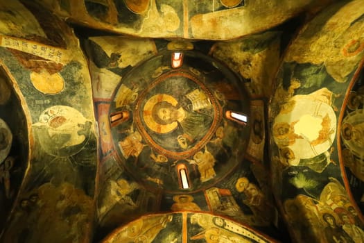 Elaborate ceiling fresco, painting inside the medieval christian, eastern orthodox Boyana Church, Sofia, Bulgaria 2022