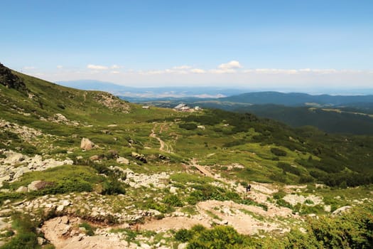 Spectacular view from the Seven Rila Lakes Plateau onto the Rila Lakes Chalet and the lift station, Rila National Park close to Sofia, Bulgaria 2022