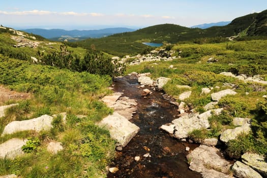 A small river, stream, creek is running through the lush, green vegetation of the Rila National Park ending up in the Lower Lake, Lower Lake, Dolnoto Ezero, one of the Seven Rila Lakes, close to Sofia, Bulgaria 2022