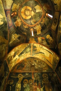 Elaborate ceiling and wall frescos, paintings, murals inside the medieval christian, eastern orthodox Boyana Church, Sofia, Bulgaria 2022