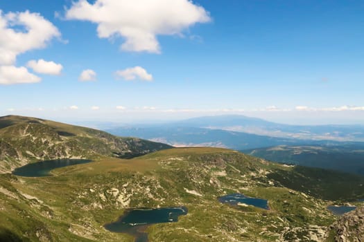 Spectacular view onto the Kidney, Babreka Lake, the Twin, Bliznaka Lake, the Trefoil, Trilistnika Lake and the Fish Lake, Ribnoto Ezero, four of the Seven Rila Lakes, situated on a plateau in the Rila National Park, close to Sofia, Bulgaria 2022