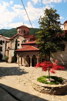 View over the courtyard to the St., Saint Archangels Michael and Gabriel Church, Bachkovo Monastery, close to Plovdiv, Bulgaria 2022