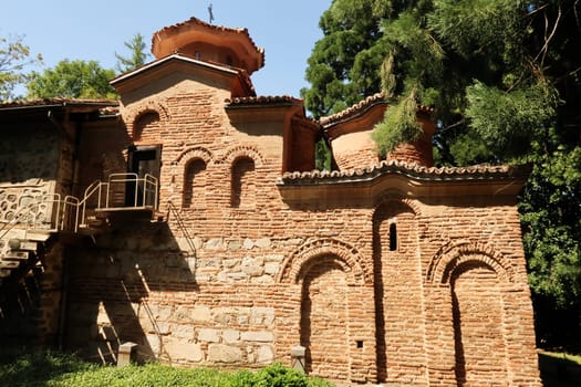 The brick facade of the the medieval christian, eastern orthodox Boyana Church, Sofia, Bulgaria 2022