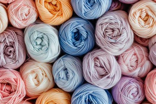 Background from pastel colored yarn. Balls of thread close-up. Materials for for knitting. AI generated
