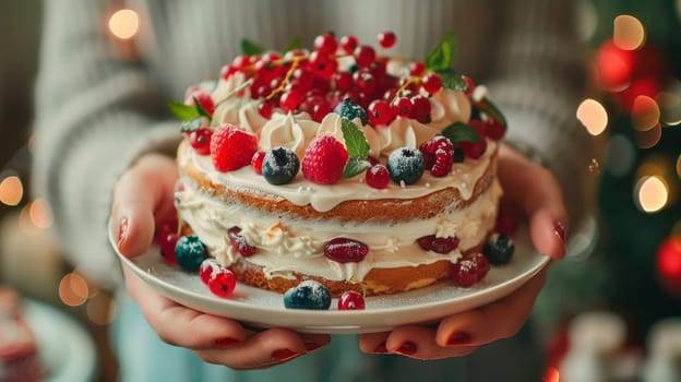 Hands of woman holding cake in a plate. AI generated