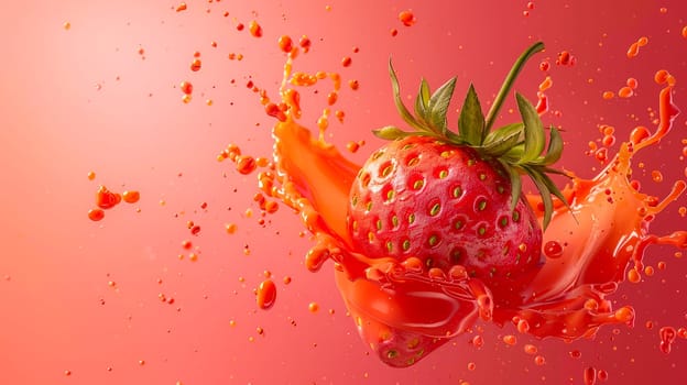 Strawberry in splashes of red juice on a red background. AI generated