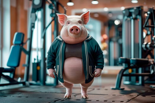 Chubby overweight pig wearing sports clothes, standing in the gym. Time for weight loss and healthy life. AI generated