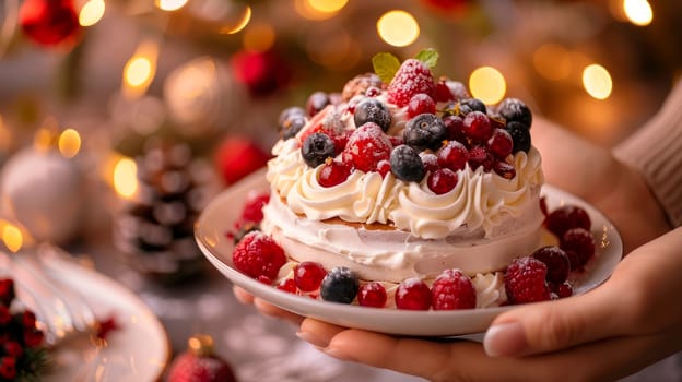 Woman holding birthday cake. Celebrates birthday holiday at home. AI generated