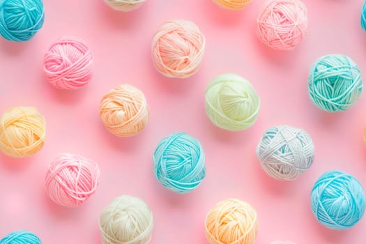 Background from pastel colored yarn. Balls of thread close-up. Materials for for knitting. AI generated