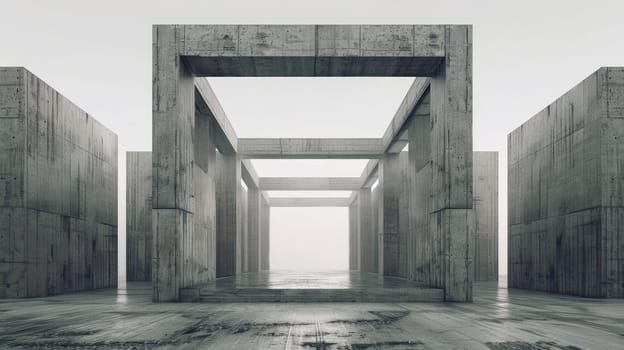 Brutalist geometric architecture build from grey concrete. Modern brutalist architecture exterior background. AI generated
