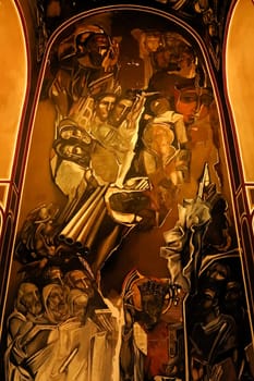 Big modernist mural, wall painting, fresco inside the Patriarchal Cathedral, Church of the Holy Ascension of the Lord showing scenes from the history of Bulgaria, Tsarevets Fortress, Veliko Tarnovo, Bulgaria, 11th of July 2022