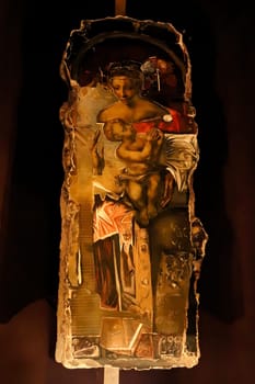 Piece of a mural, fresco, wall painting showing the Virgin Mary with baby Jesus displayed inside inside the Patriarchal Cathedral, Church of the Holy Ascension of the Lord inside the Tsarevets Fortress in Veliko Tarnovo, Bulgaria, 11th of July 2022
