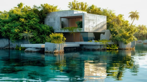 Brutal architecture and green lush on small island. Blending urban architecture with natural beauty. AI generated