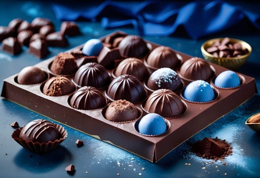AI generated of chocolates in a box on a blue table