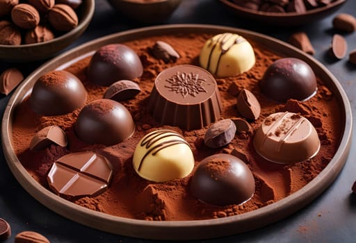 AI generated of a tray of chocolates and nut on the chocolate powder