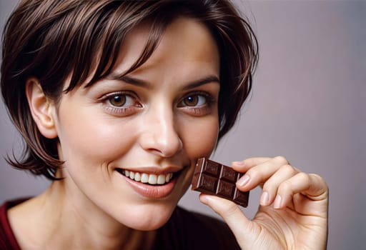 AI generated of a woman is smiling and holding a chocolate bar