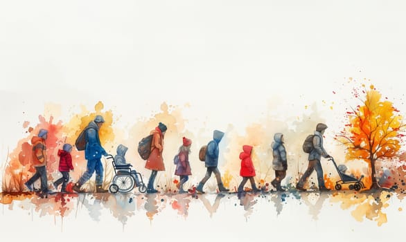 People, family with children and grandparents, friendship, humanitarian aid and respect, support of handicapped senior and child in a wheelchair